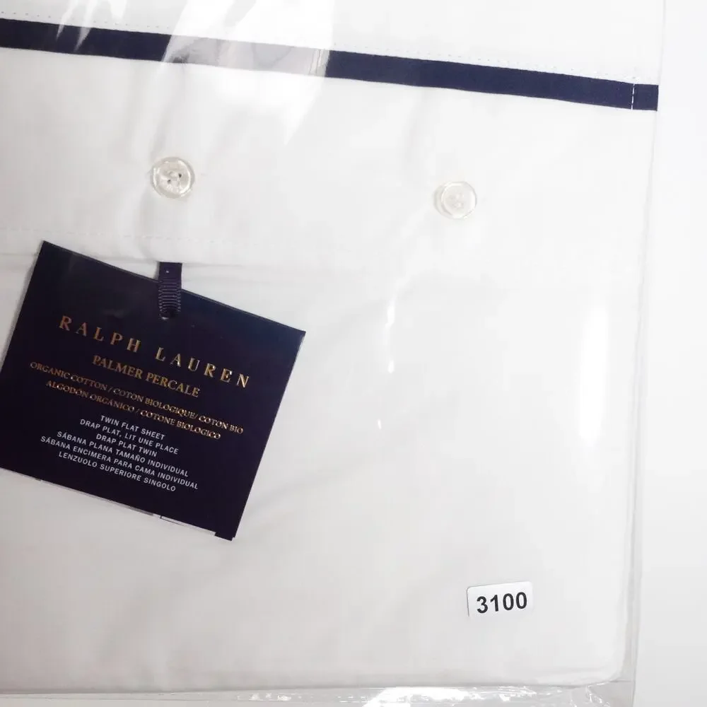 Ralph Lauren Organic Cotton Percale Palmer Twin Flat Sheet White/Polo Navy $125